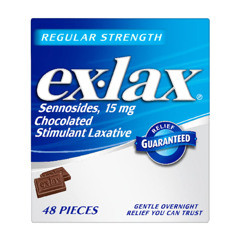 Ex-Lax Regular Strength Sennosides 15 mg chocolate stimulant laxative box, 48 pieces, featuring blue and white packaging with a small chocolate bar illustration.