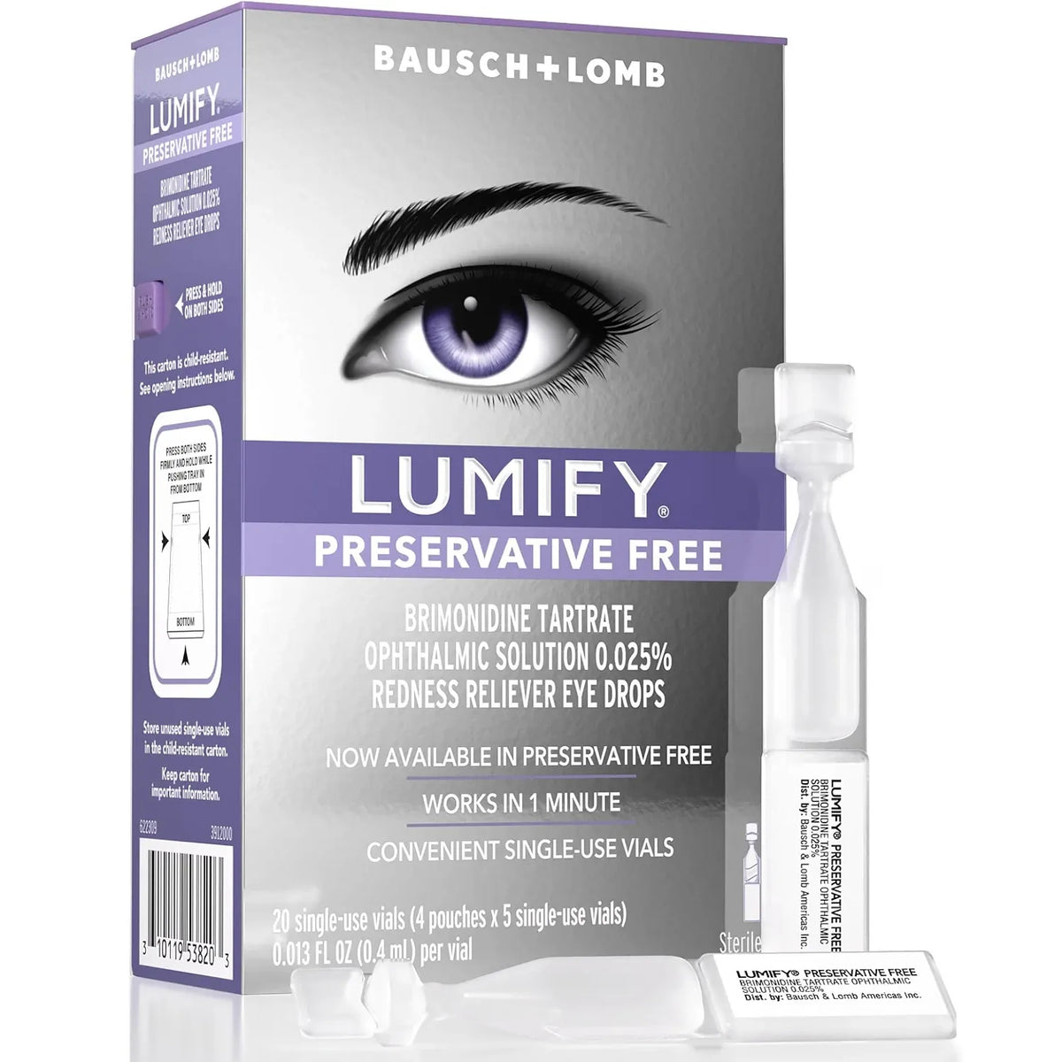 Bausch + Lomb Lumify Preservative Free redness reliever eye drops shown with the retail box, a single-use vial, and a small applicator tip on a clean white background.