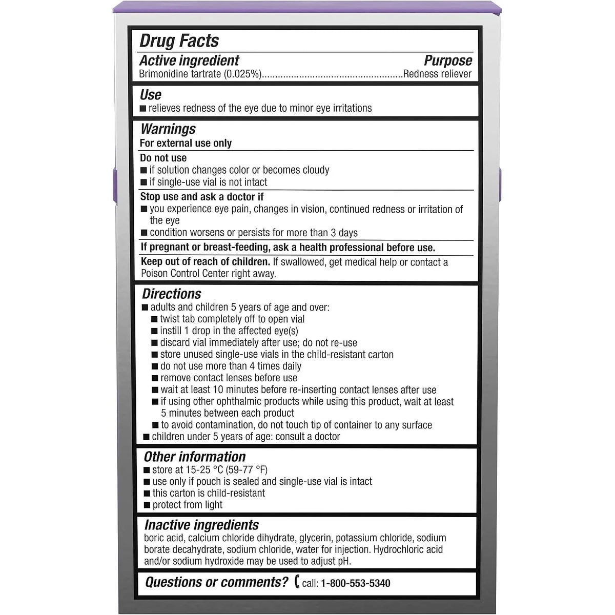 A close-up of a Lumify Preservative Free eye drops drug facts label on a blister pack, showing the product name Redensifier, active ingredient Diclofenac (0.025%), and usage directions.