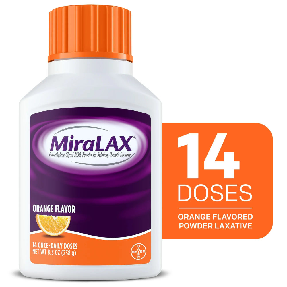 Miralax Polyethylene Glycol 3350 Laxative Powder Solution 14 Daily Doses Orange Flavored In Front Of White Background
