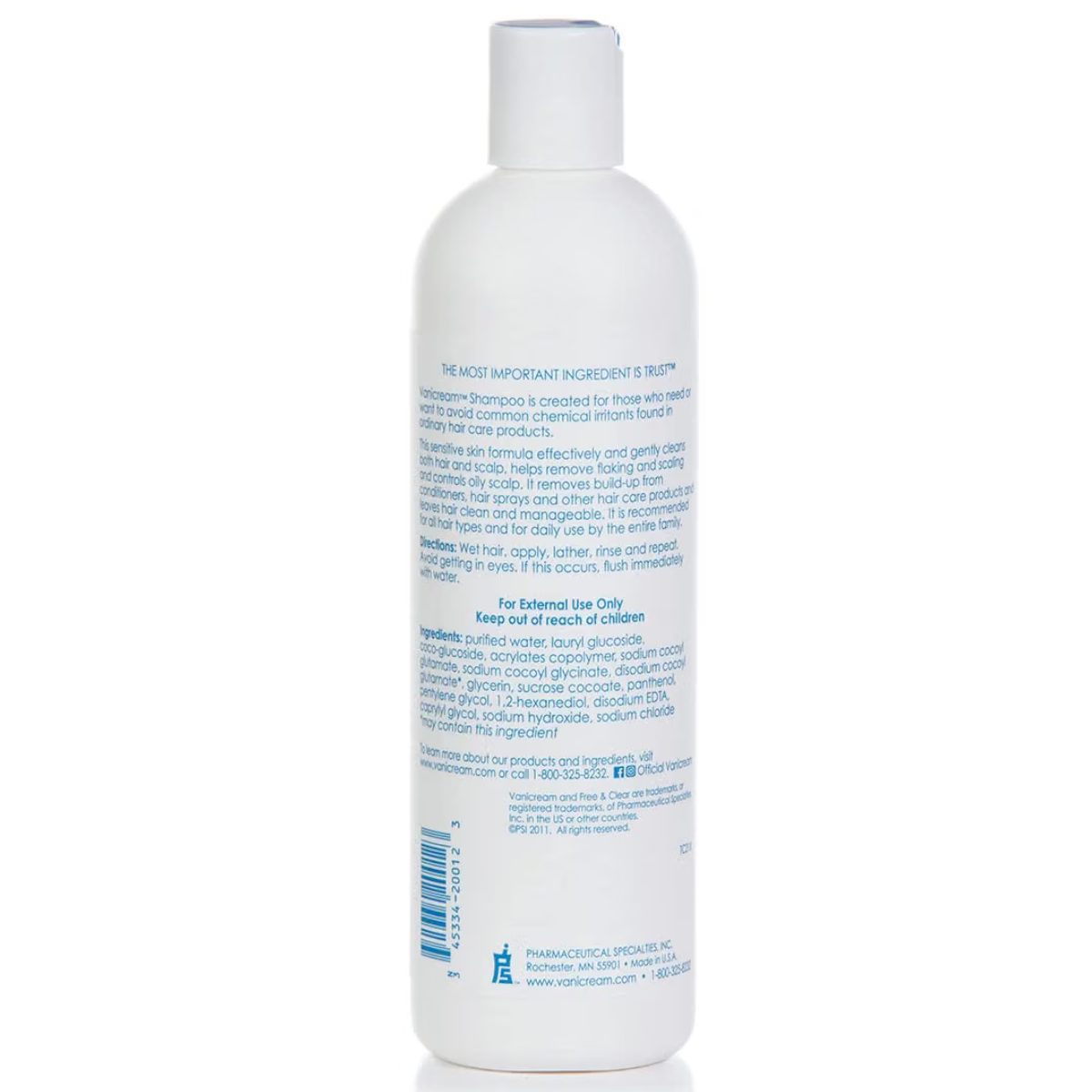 A white bottle of Vanicream Shampoo shown from the back, displaying the detailed ingredients and manufacturer information on a clean white background.