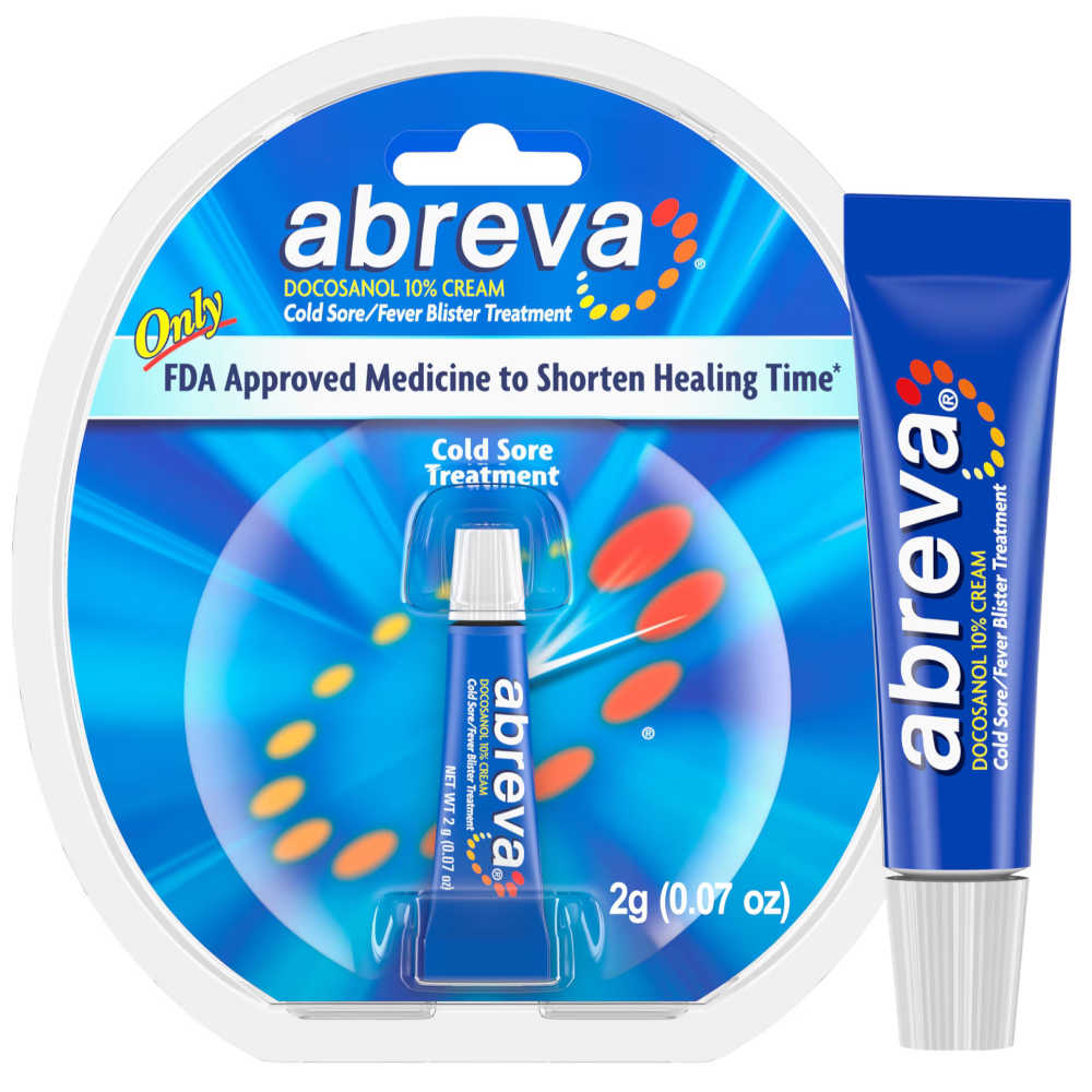 Abreva cold sore and fever blister treatment shown as a blue 10% cream tube next to its retail blister packaging on a white background.