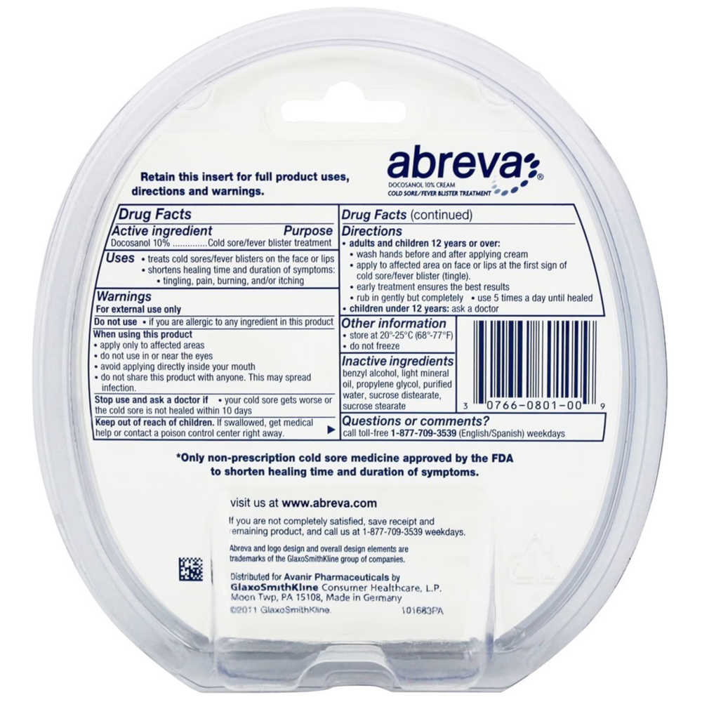 The back of a clear plastic vial of Abreva cold and fever blister cream, showing detailed drug facts, directions, warnings, and a barcode on a white background.