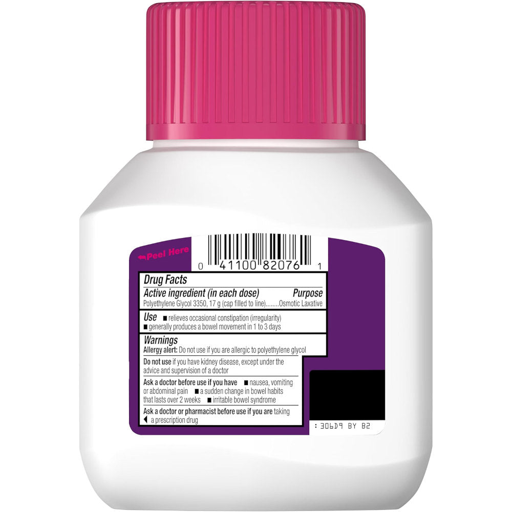 A white plastic bottle of Miralax laxative powder for constipation relief with a bright pink cap and a purple and white drug facts label.
