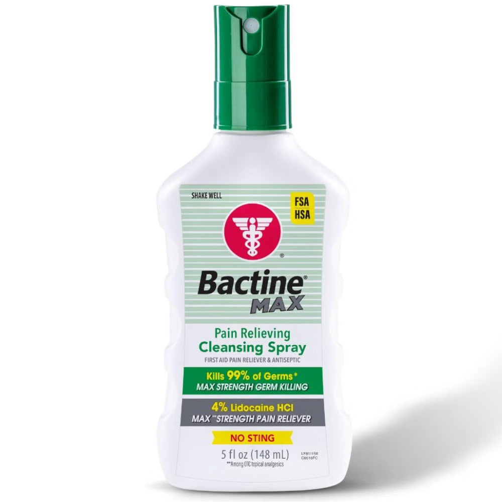 A 5 fl oz bottle of Bactine MAX Pain Relieving Cleansing Spray with a green spray nozzle and a white label featuring green, red, and yellow accents.