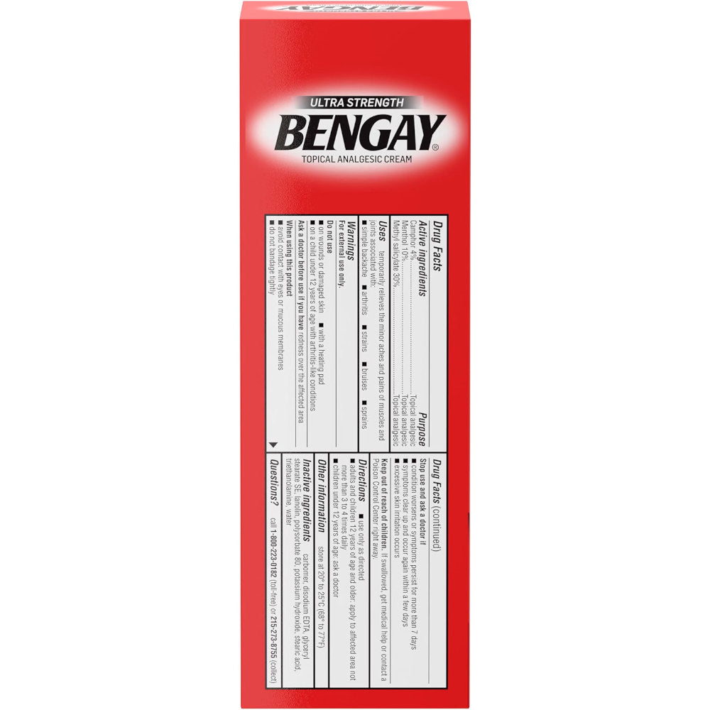 A tall red box of Bengay Ultra Strength topical analgesic cream, showing the back side with product details, ingredients, and directions on a white background.