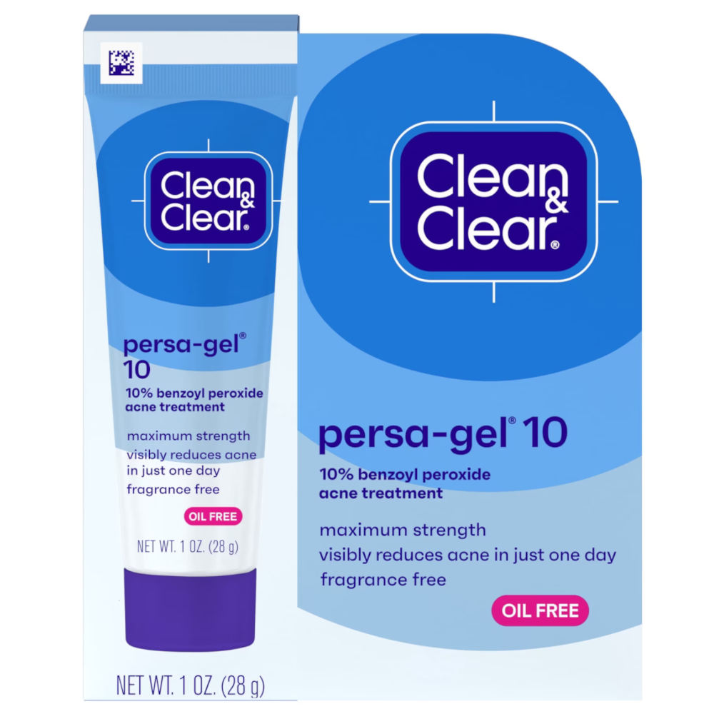 Clean & Clear persa-gel 10 acne treatment shown as a blue and white squeeze tube next to its matching retail box on a plain white background.
