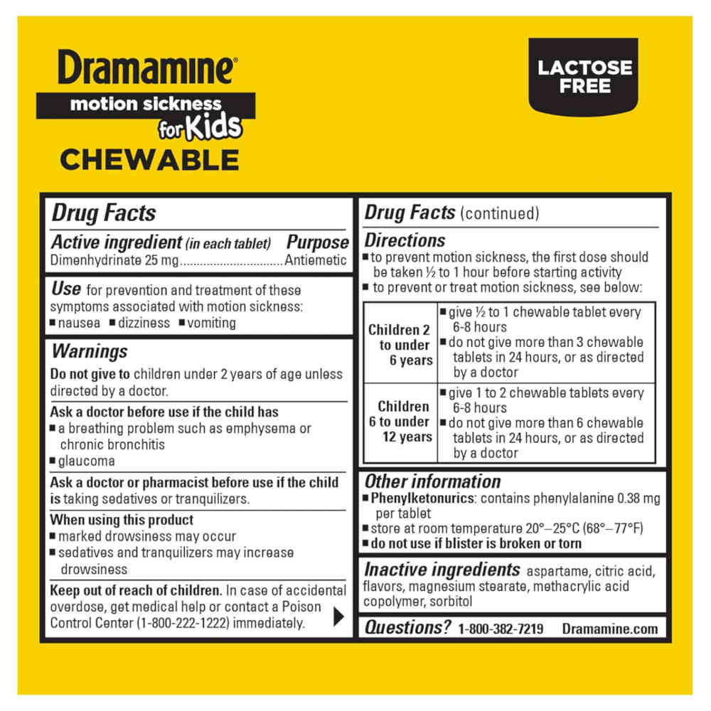 A yellow and white package insert for Dramamine Motion Sickness Chewable Kids, showing drug facts, directions, warnings, and an inactive ingredients list in a clean, readable layout.