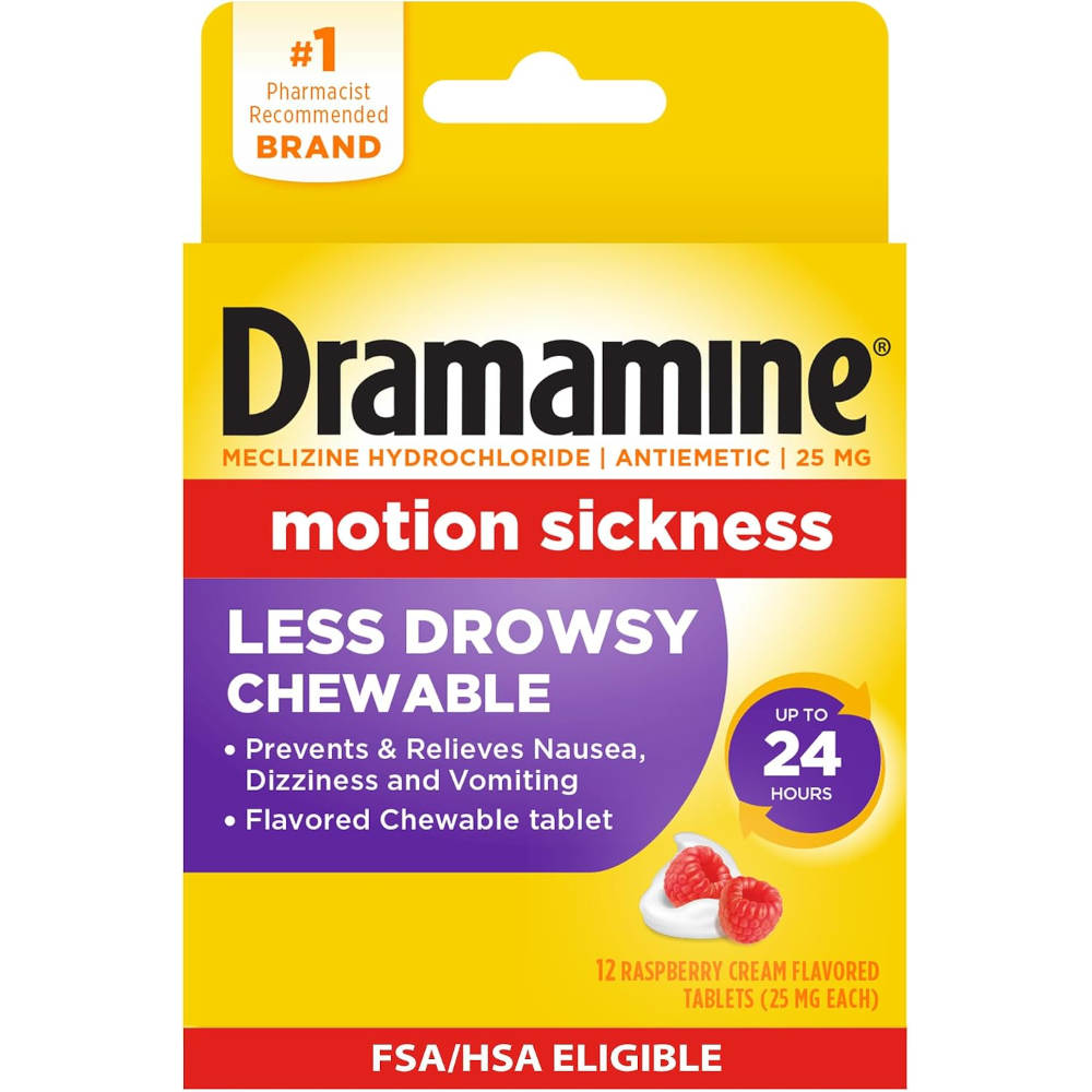 Dramamine motion sickness Less Drowsy Chewable packaging, featuring a yellow and red box with a purple panel, showing 12 raspberry cream flavored chewable tablets.