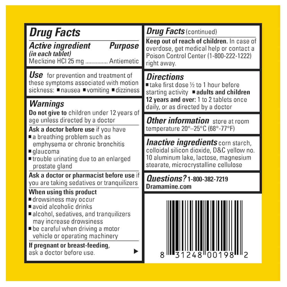 Yellow and white product packaging insert showing Drug Facts and Directions for Dramamine less drowsy Meclizine HCI 25 mg, with black text on a bright yellow background and a white border.