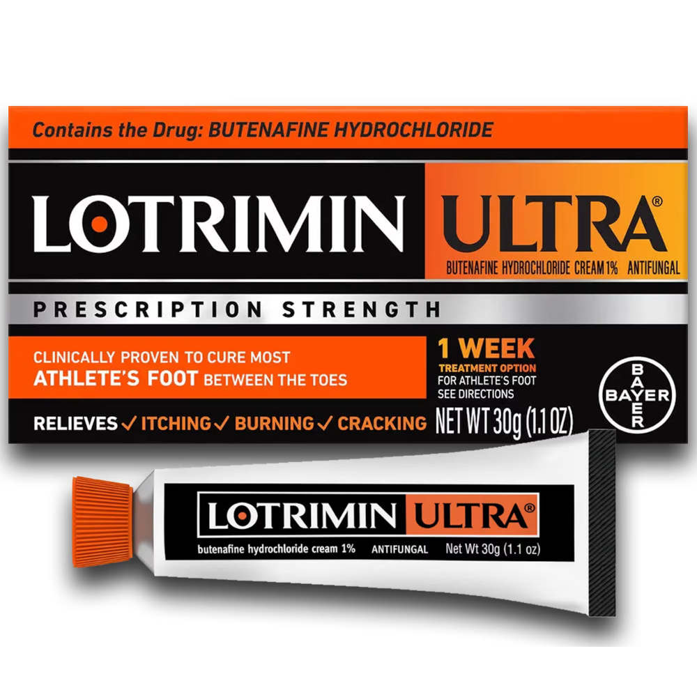 A box and tube of Lotrimin Ultra Prescription Strength antifungal cream for athlete's foot, shown on a clean white background. The packaging features black, white, and orange color blocking with clear text detailing the active ingredient butenafine hydrochloride.