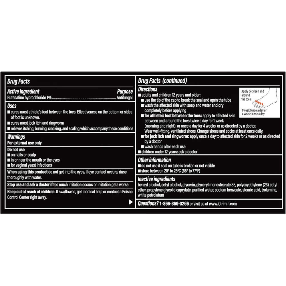 A black rectangular label with white text containing drug facts and directions for Lotrimin Ultra foot treatment cream, including usage instructions, warnings, and a small diagram of applying the solution.