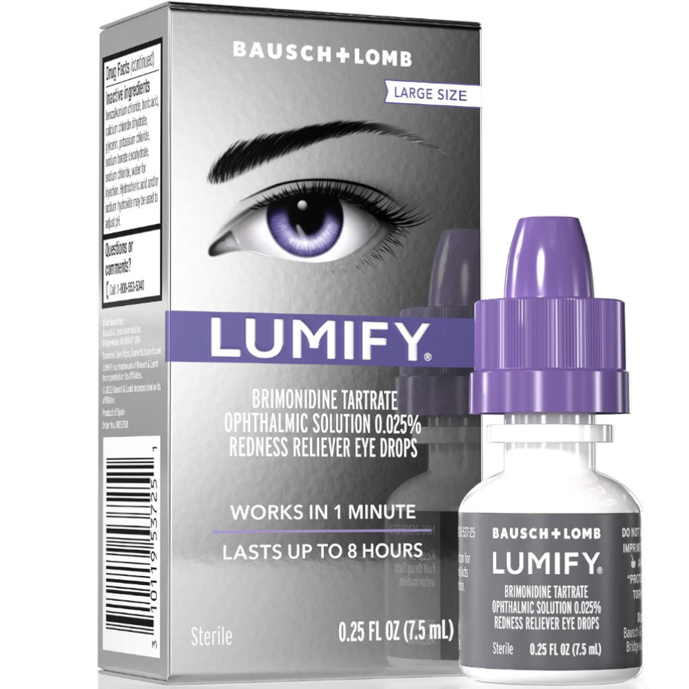 Lumify 7.5 ml eye drops brimonidine tartrate ophthalmic solution shown with the retail box and the bottle. The packaging features a grayscale eye graphic with a purple 'LUMIFY' logo band, and the bottle has a purple dropper cap.