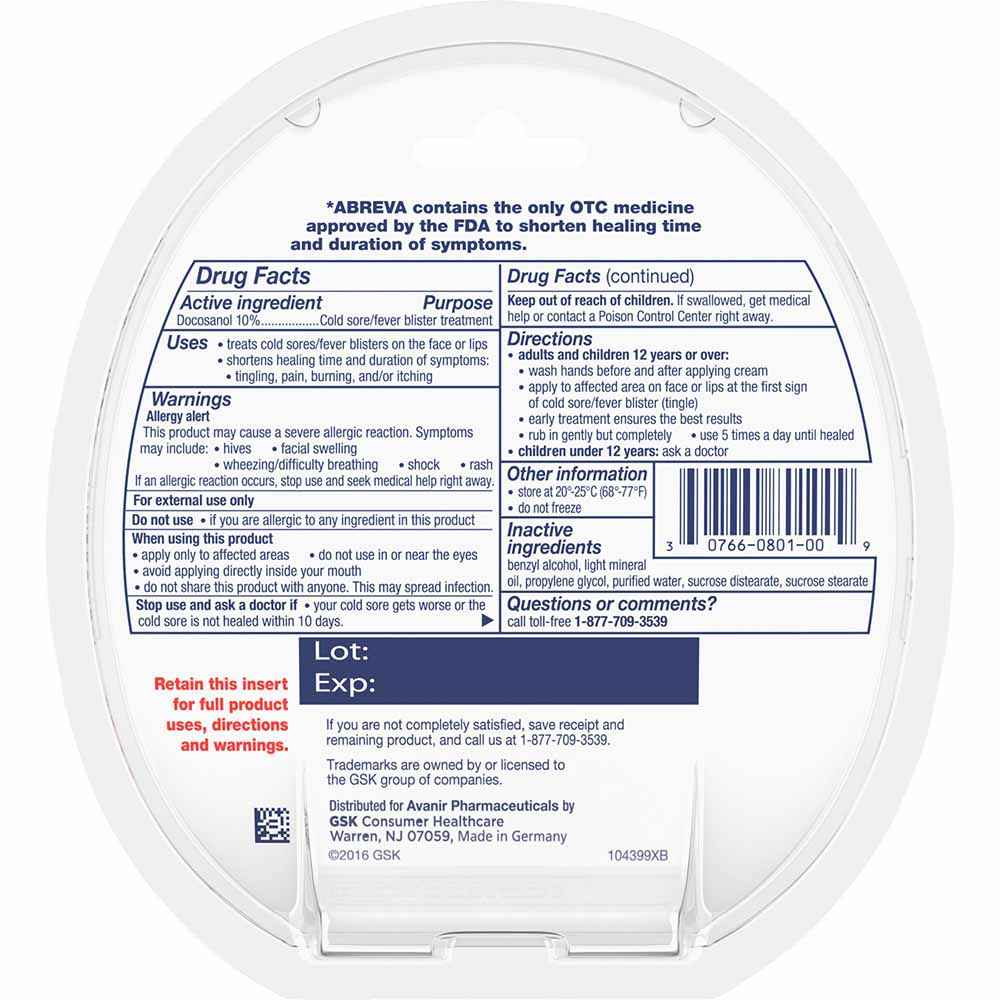 Abreva Cold Sore Treatment Cream Docosanol 10%