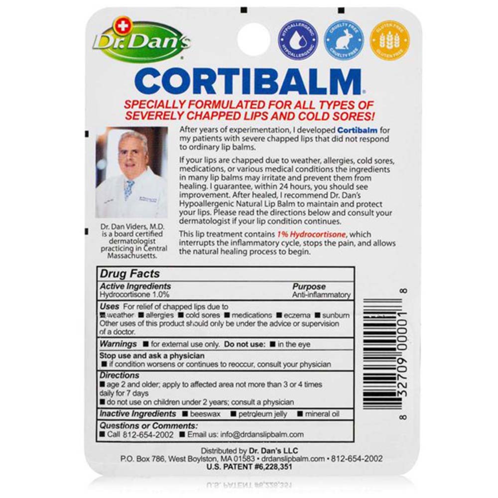 Dr. Dan's CortiBalm Lip Balm 0 .14 oz Usage Instructions On Back Of Packaging