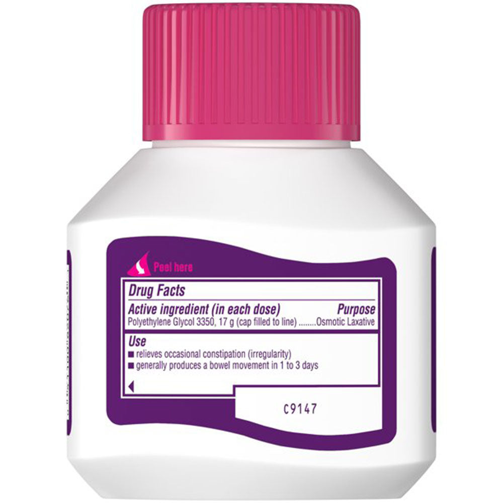 Miralax Polyethylene Glycol 3350 Laxative Powder Solution Usage Instructions On Reverse Of Packaging