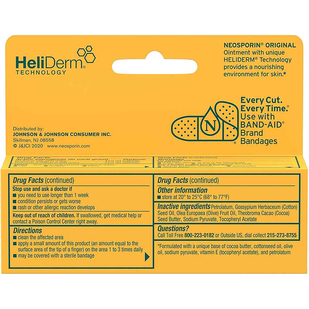 Neosporin Original Triple Antibiotic Ointment  Usage Instructions On Reverse Of Packaging, In Front Of White Background