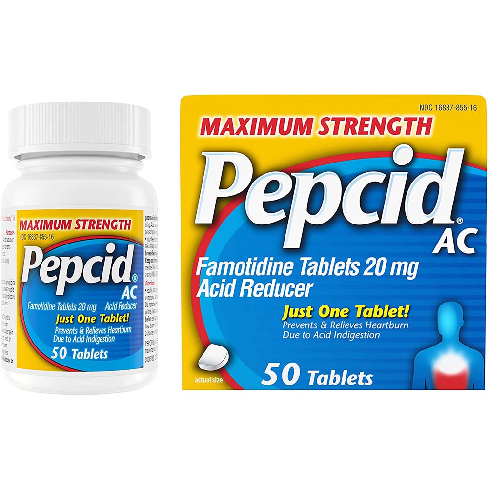 Pepcid AC Maximum Strength Famotidine 20mg Acid Reducer 50 Tablets In Front Of White Background