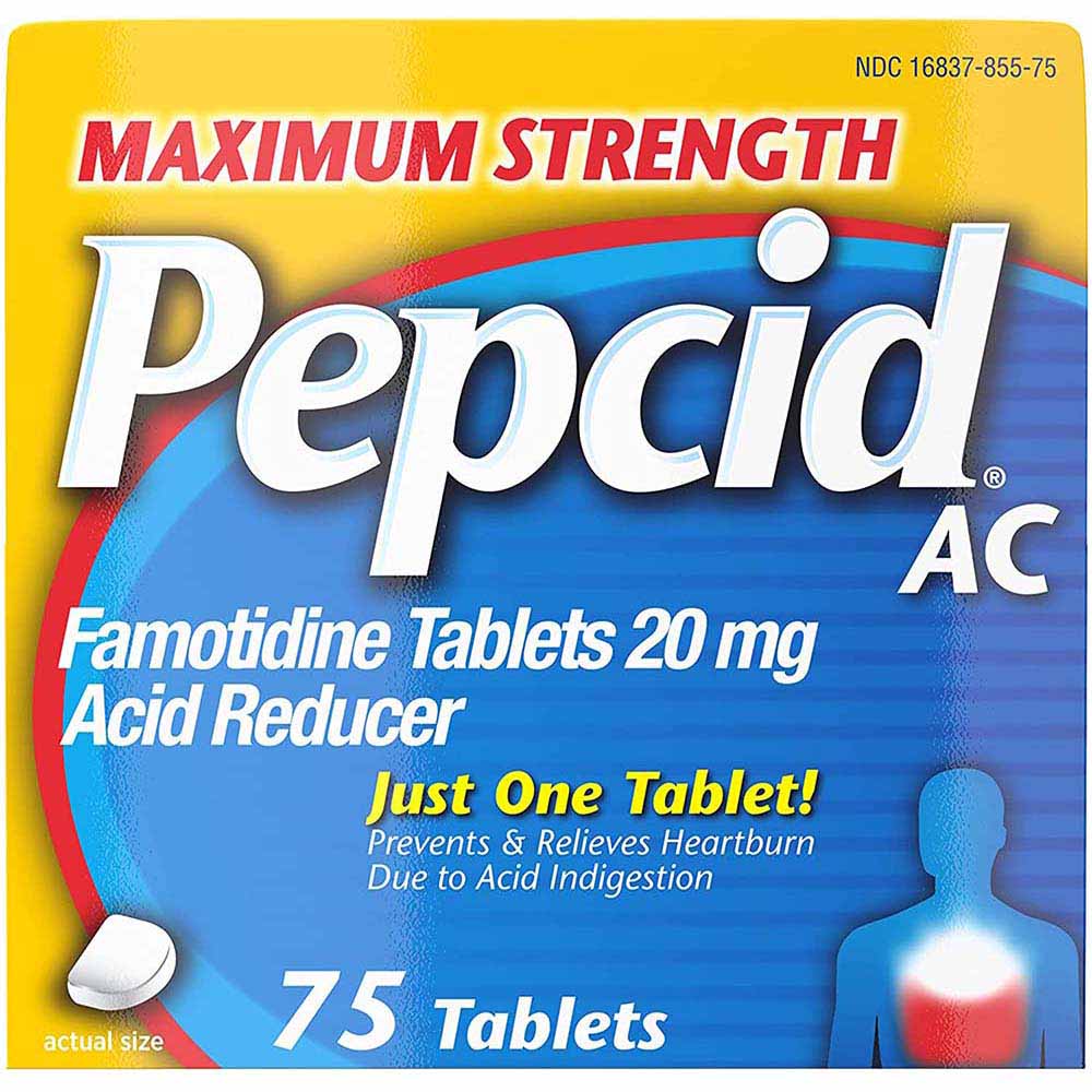 Pepcid AC Maximum Strength Famotidine 20mg Acid Reducer 75 Tablets In Front Of White Background