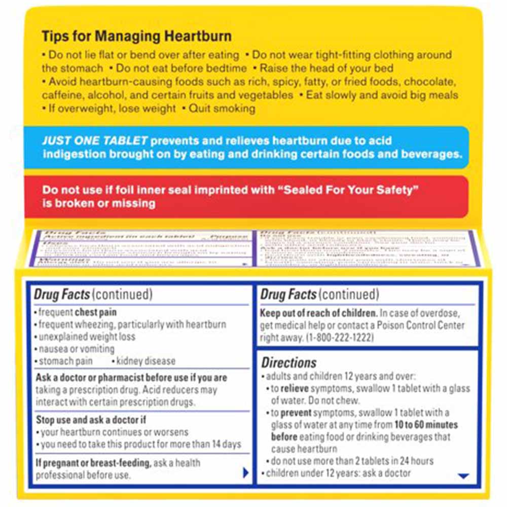 Pepcid AC Maximum Strength Famotidine 20mg Acid Reducer 8 Tablets Usage Instructions On Back Of Packaging