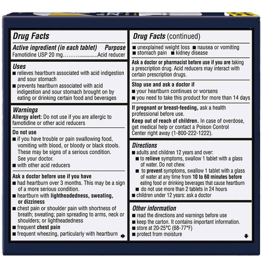Zantac 360 Maximum Strength Famotidine 20 mg Acid Reducer Tablets Usage Instructions On Back Of Packaging