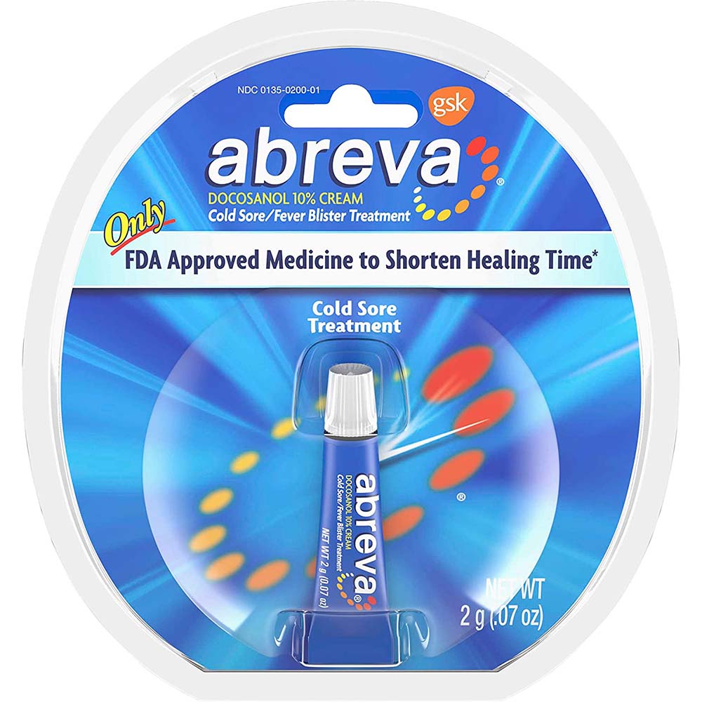 Abreva Cold Sore Treatment Cream 2g Outer Packaging In Front Of White Background