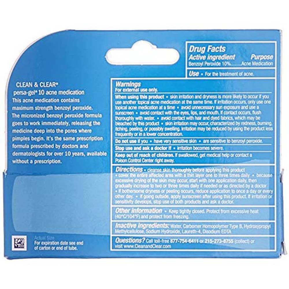 Clean & Clear Persa-Gel 10 Usage Instructions On Reverse Of Product Packaging