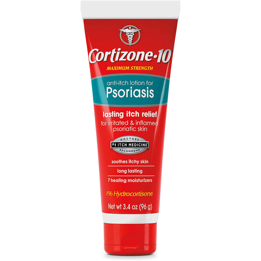 Cortizone 10 Anti-Itch Lotion For Psoriasis 3.4 Oz Product Bottle In Front Of White Background