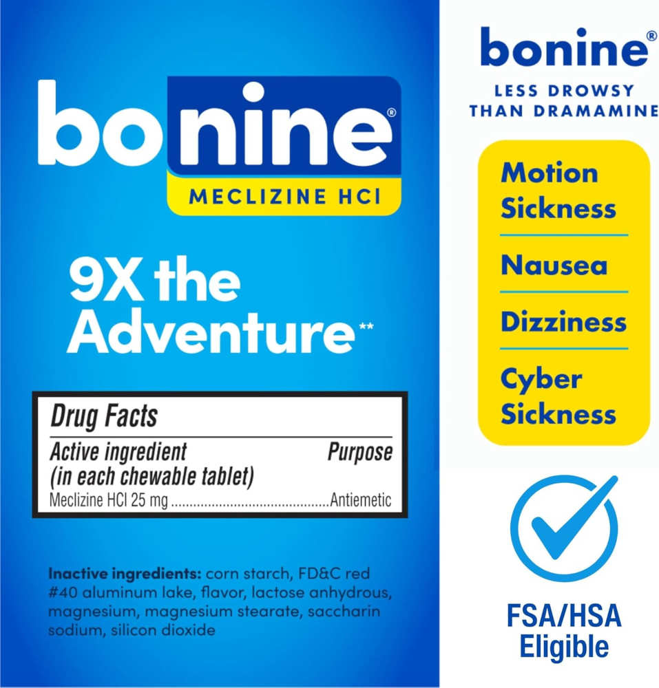 Bonine chewable raspberry flavor motion sickness tablets  in blue and yellow packaging drug facts on reverse of product box