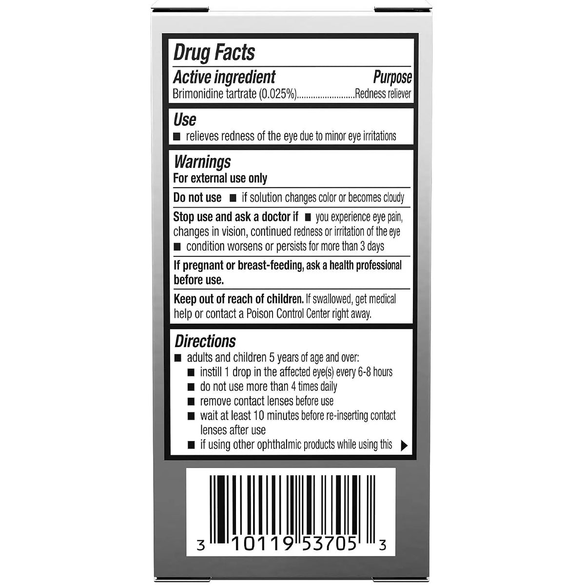 A close-up of a Lumify Drug Facts label panel on the back of the product package, showing text for active ingredient, purpose, use, warnings, directions, and other information on a white background.
