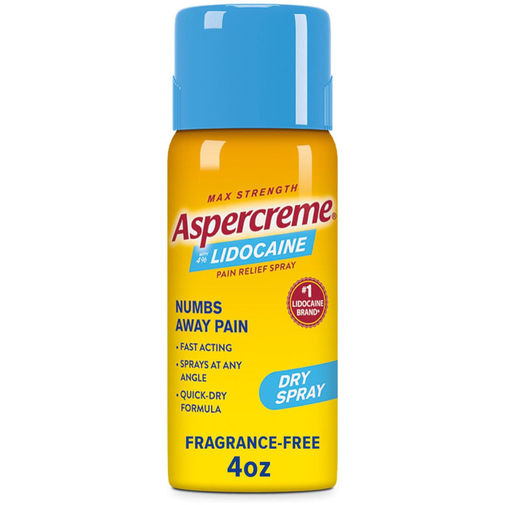 Aspercreme 4 oz dry spray pain relief spray can with a bright yellow body and blue cap, featuring red and blue text on a white background.