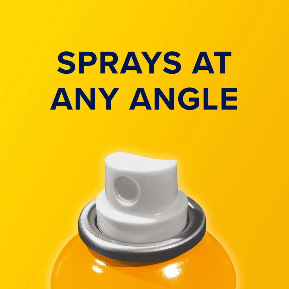 Aspercreme Max Strength Lidocaine Spray nozzle on a yellow background with text 'Sprays at any angle'.