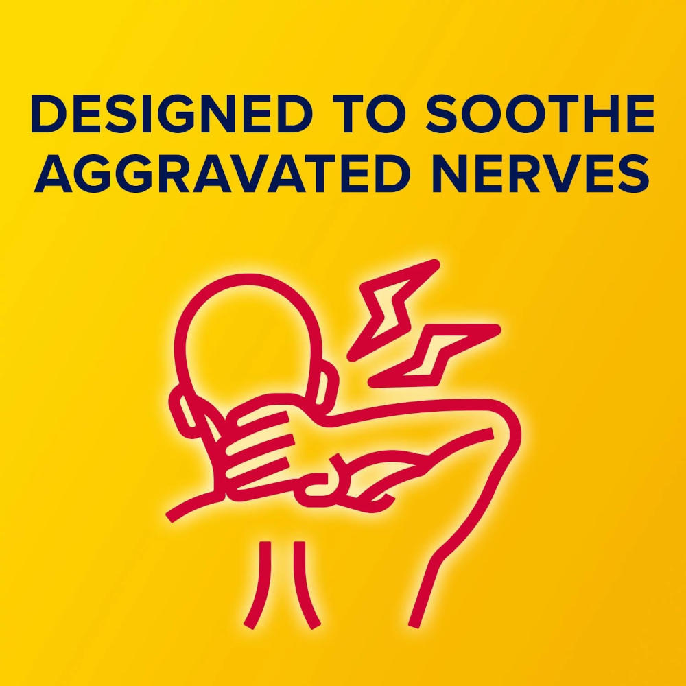 Yellow Aspercreme graphic with the text 'DESIGNED TO SOOTHE AGGRAVATED NERVES' in dark blue and a red line drawing of a person holding their head with lightning bolts near the neck.
