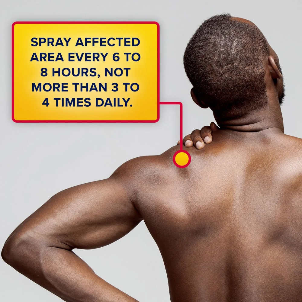 Person applying Aspercreme spray to their back with text on spray usage.