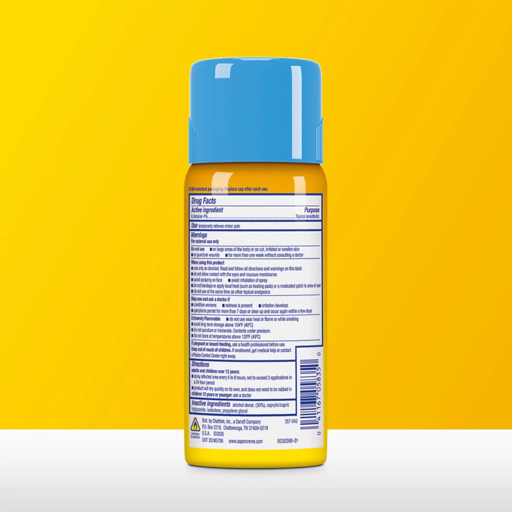 The back of a yellow Aspercreme Lidocaine Max Strength Spray bottle with a blue cap, showing the product's drug facts label, centered against a bright yellow background