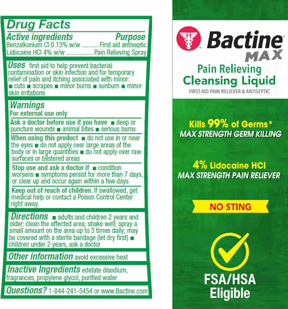Bactine MAX Pain Relieving Liquid first aid package with green and white panels showing active ingredients, directions, warnings, and a red cross logo on a white background.