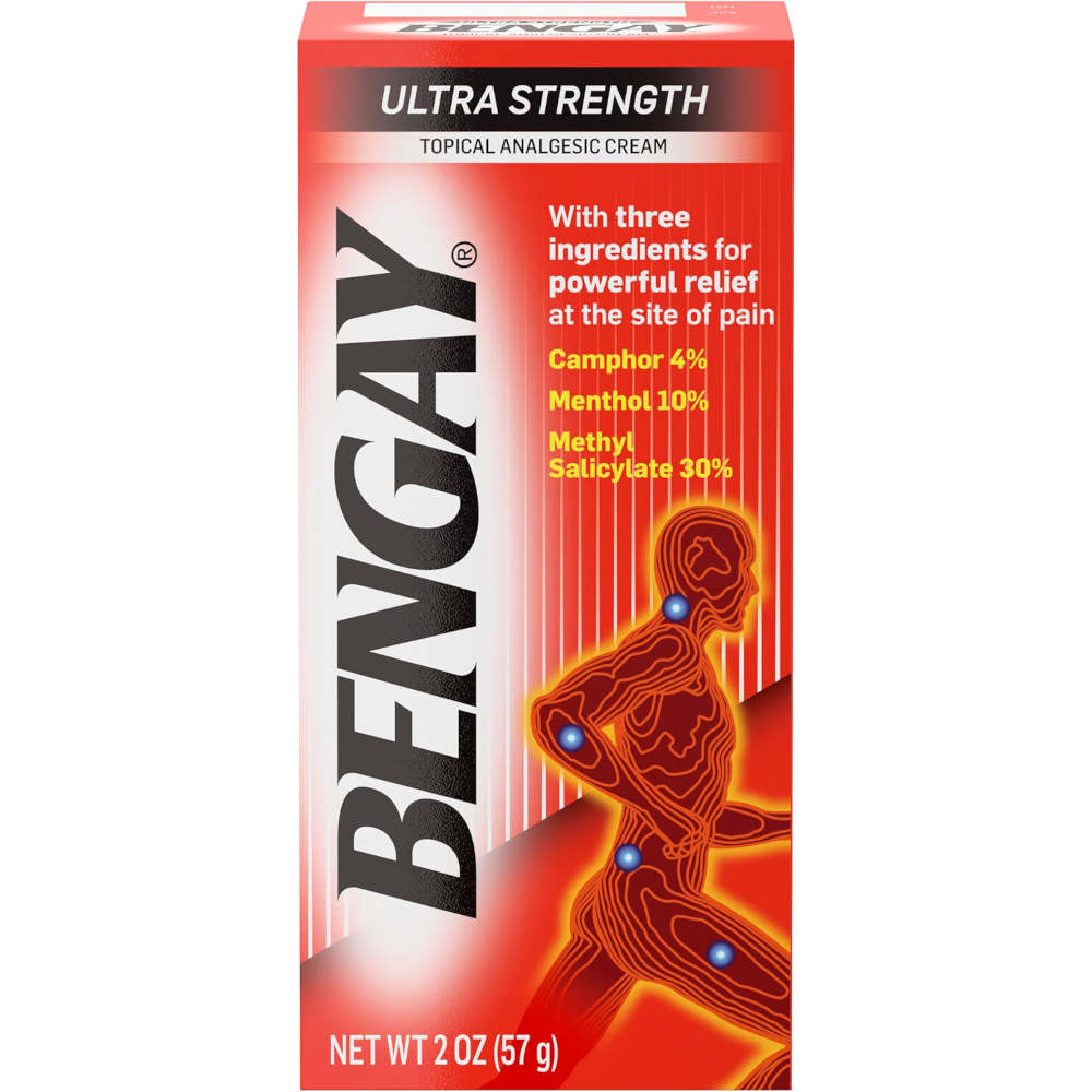 Bengay Ultra Strength Topical Analgesic Cream in a 2 oz box, featuring a red and white design with an orange glowing human figure and text detailing its ingredients.