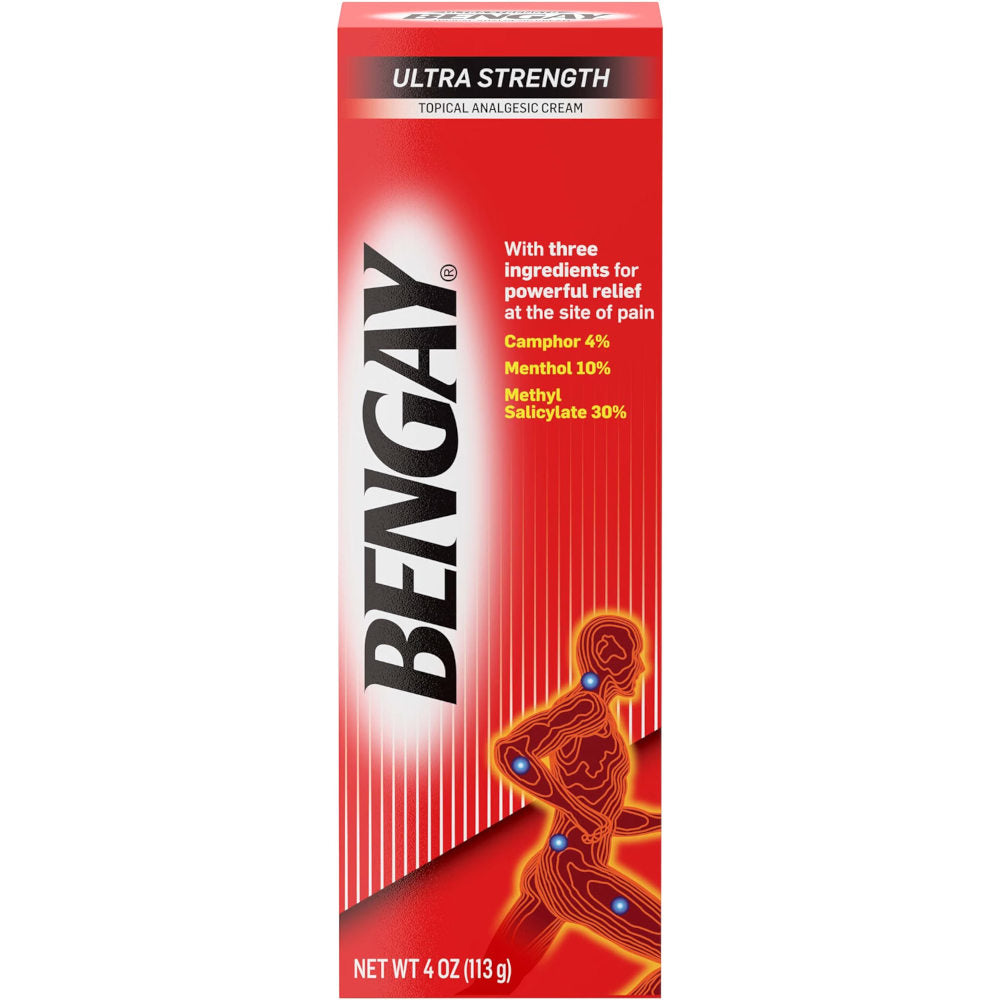 Bengay ultra strength topical analgesic cream packaging on a white background