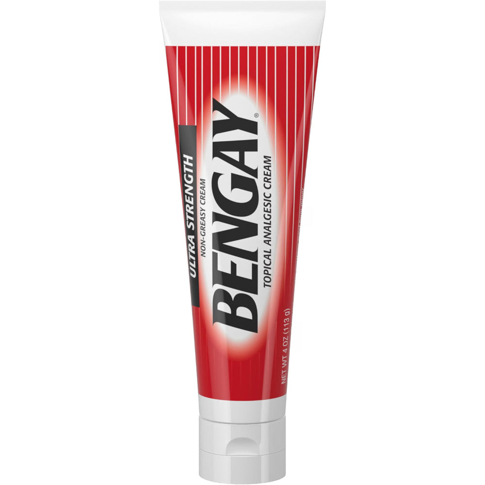 A squeeze tube of Bengay Ultra Strength Topical Analgesic Cream on a plain white background.