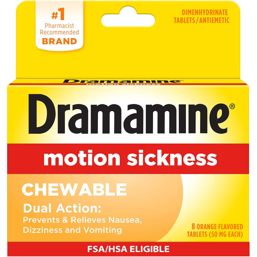 Dramamine motion sickness chewable tablets packaging box, orange flavor, 8 tablets, with a yellow and red design and black brand name.
