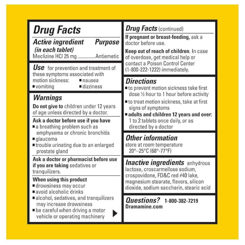 Drug facts label for Dramamine chewable less drowsy raspberry tablets, showing active ingredient Meclizine HCl 25 mg, directions, warnings, and product information on a white background with a yellow border.