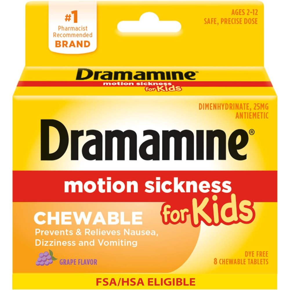 Dramamine motion sickness chewable tablets for kids packaging on a white background