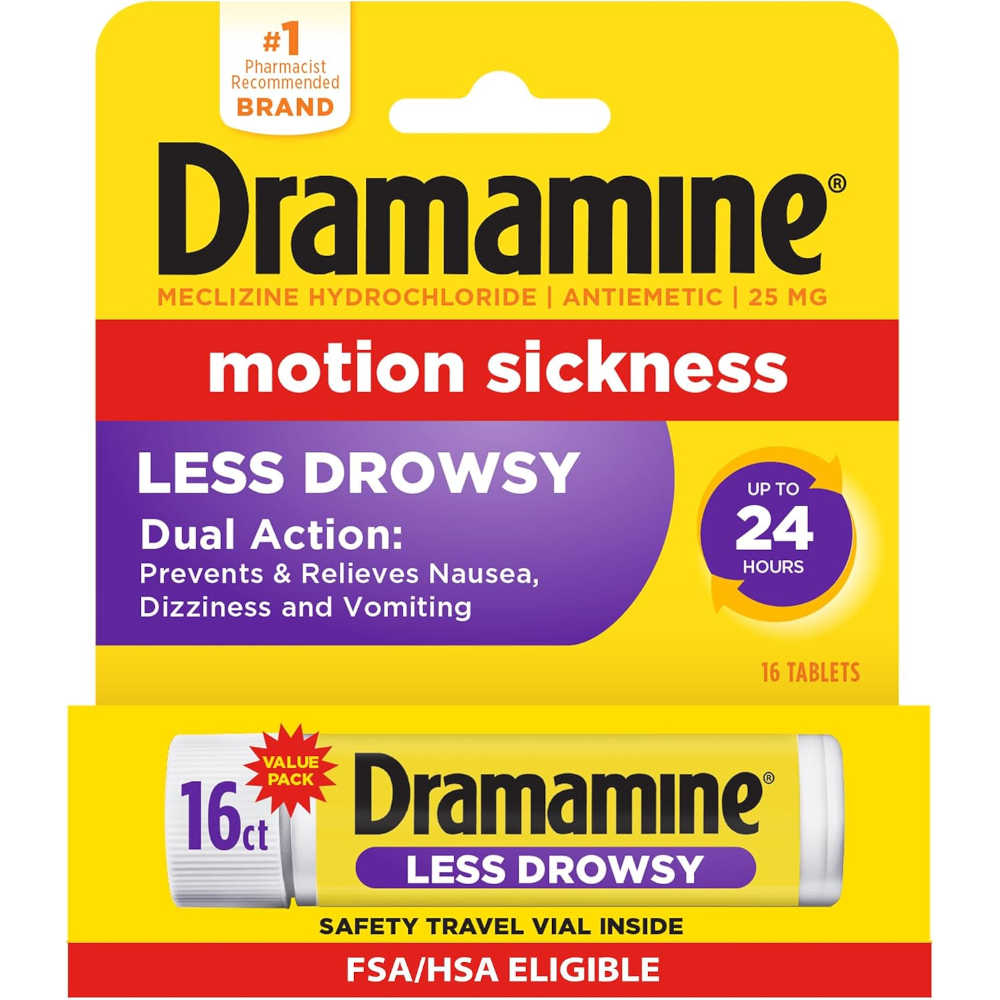 Dramamine Less Drowsy motion sickness medicine retail packaging, showing a yellow and red card with a white and purple blister tube and text indicating 16 tablets and up to 24 hours.