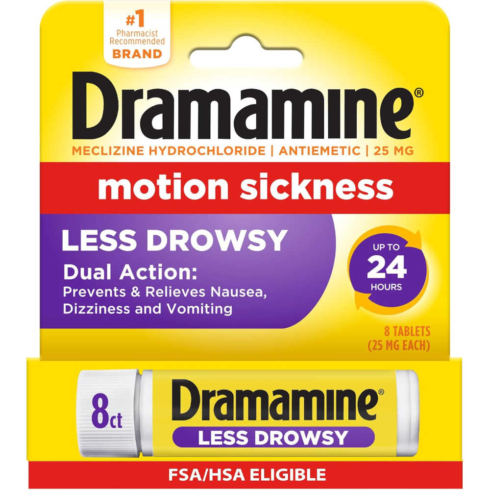 Dramamine Less Drowsy motion sickness medicine packaging, showing a yellow blister card with a white and yellow tablet tube at the bottom. The package text highlights 'Less Drowsy', 'Dual Action', and 'Up to 24 Hours'.