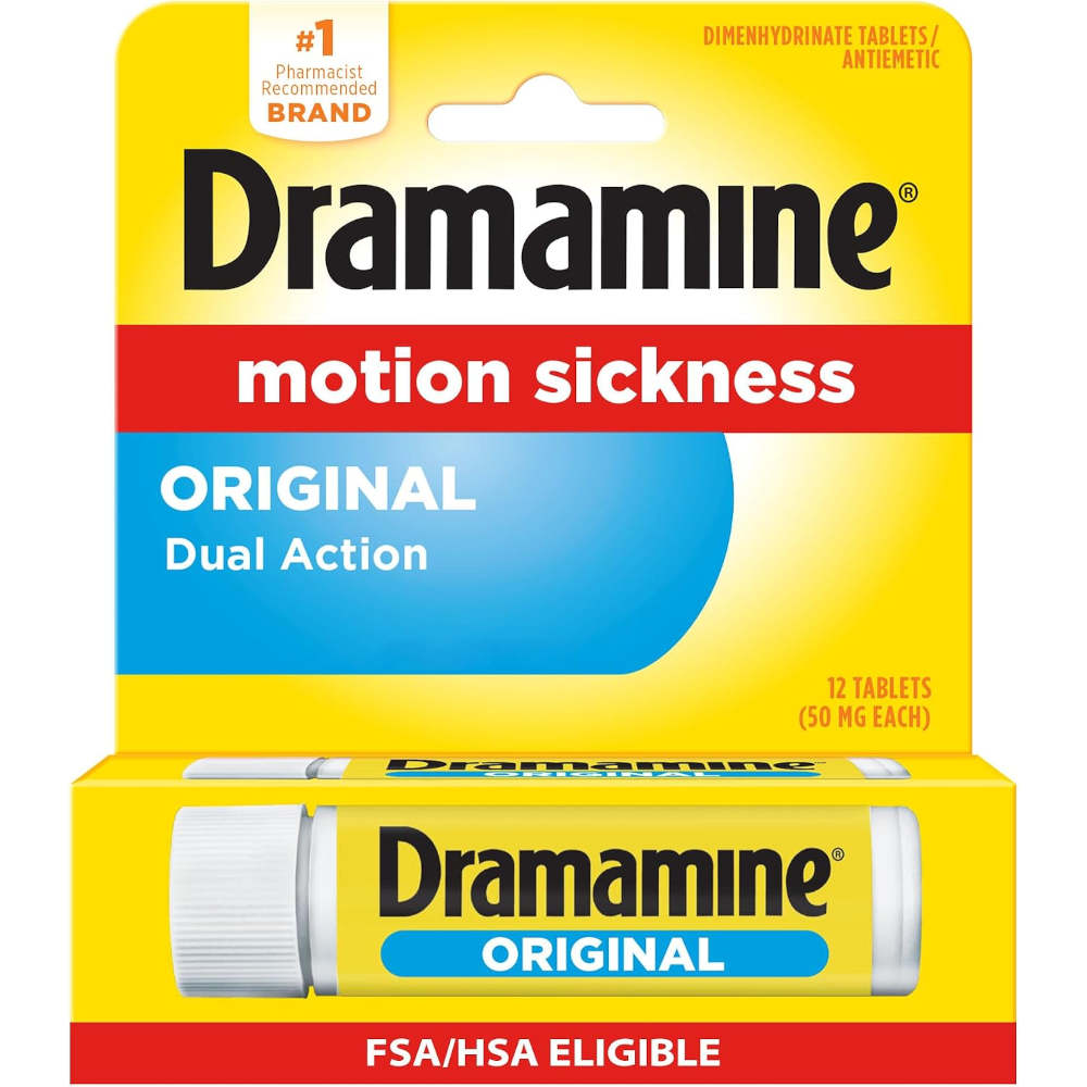 Dramamine Original 12 motion sickness dual action tablets in a yellow and blue retail box with a tube visible at the bottom.