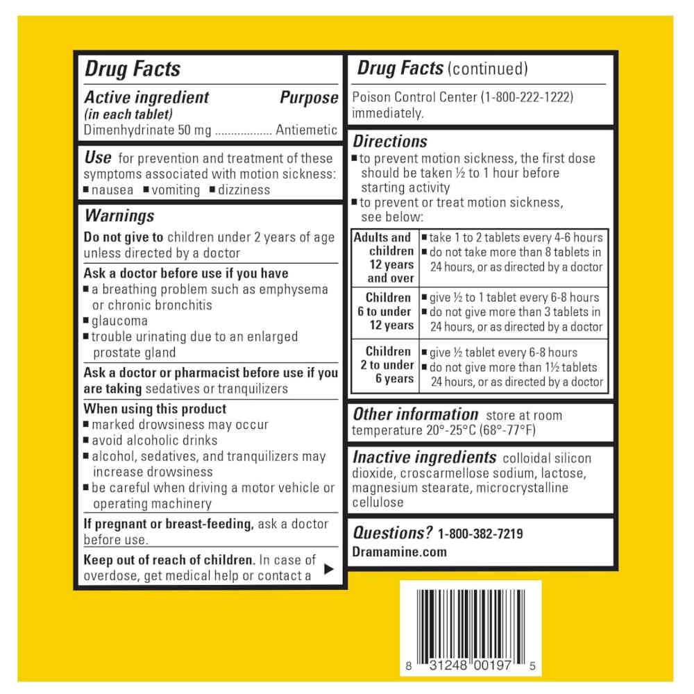 Yellow and white product packaging insert showing Drug Facts and Directions for Dramamine original Dimenhydrinate 50 mg, with black text on a bright yellow background and a white border.