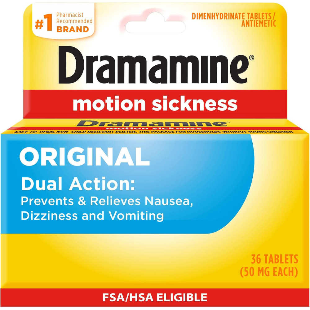 Dramamine Original motion sickness 36 dual action tablets packaging, featuring a yellow and blue box with red accents and white text.