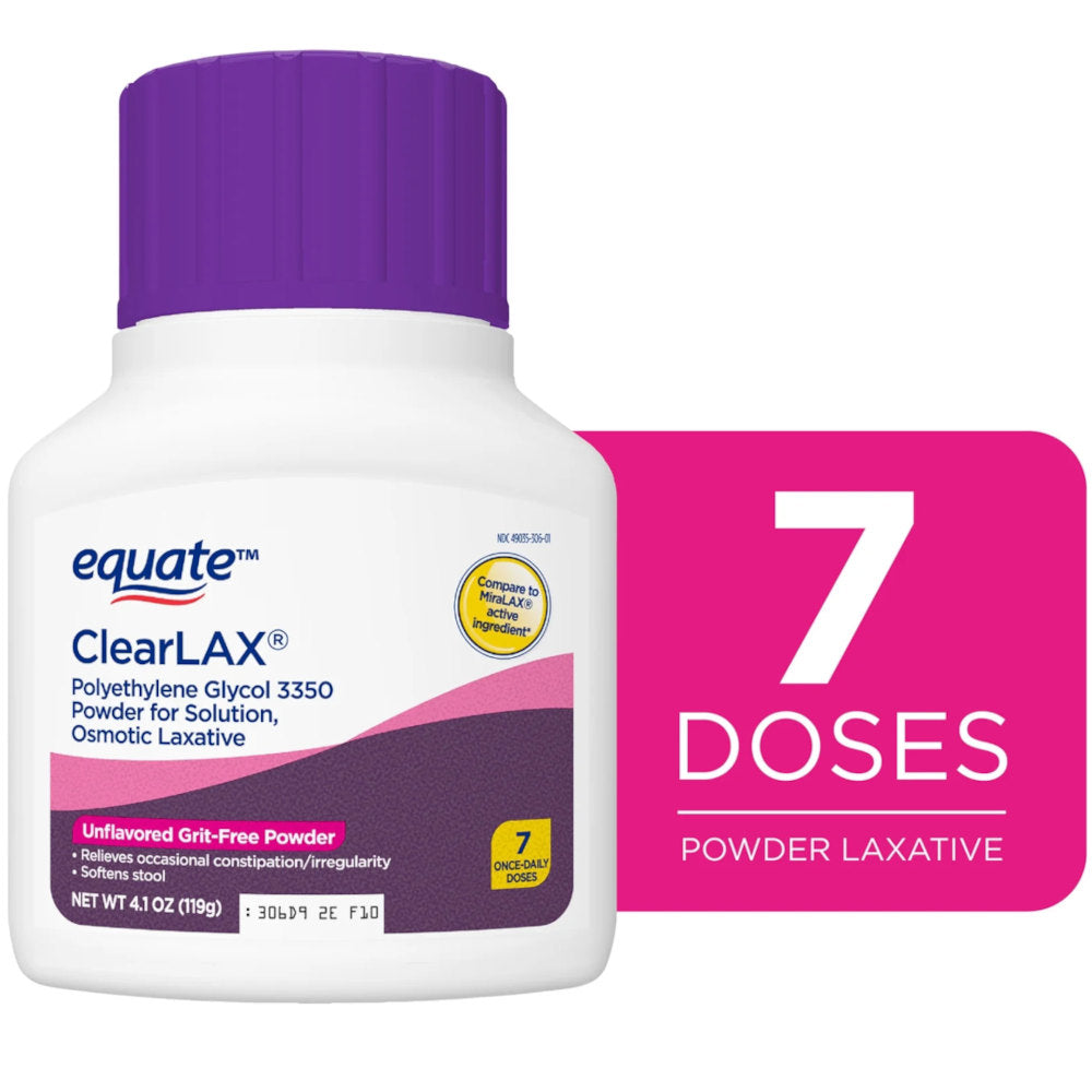 Equate ClearLax Osmotic Laxative Powder 7 Doses In Front Of White Background