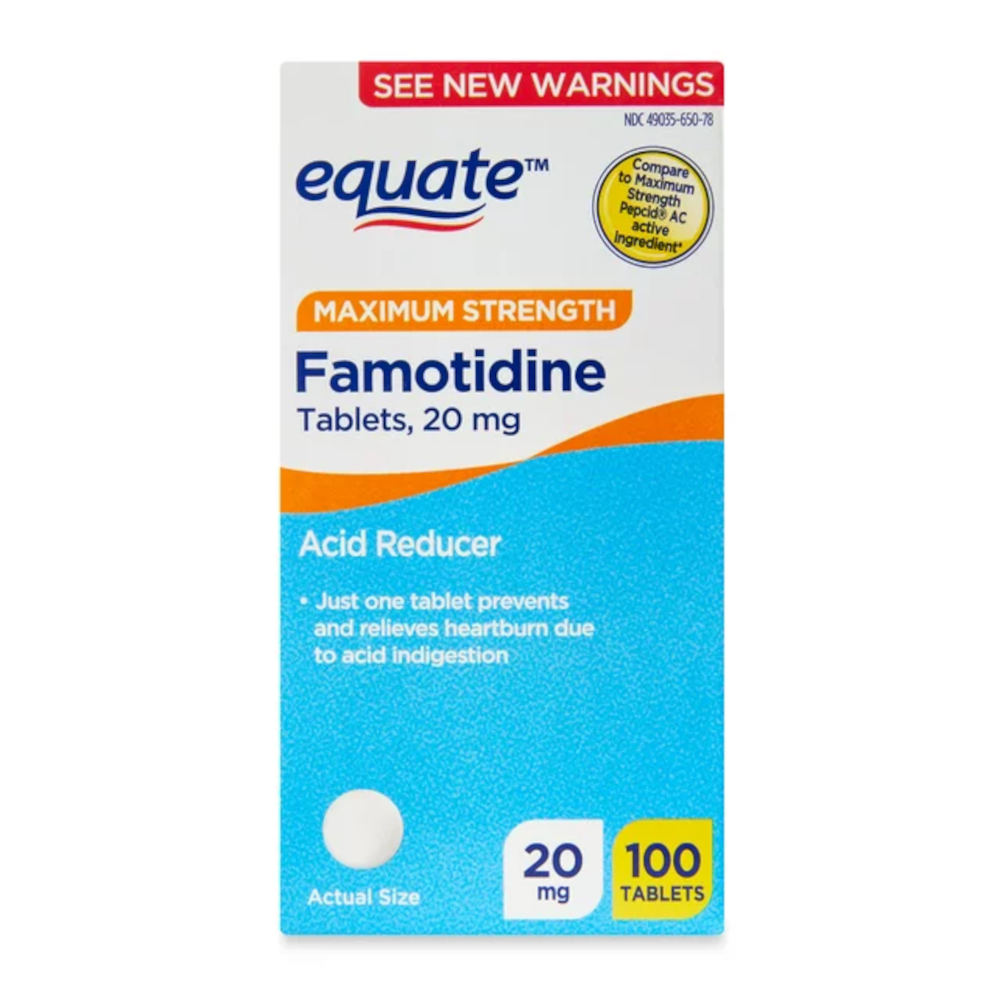 Equate Maximum Strength 20 mg Famotidine Tablets 100 In Front Of White Background