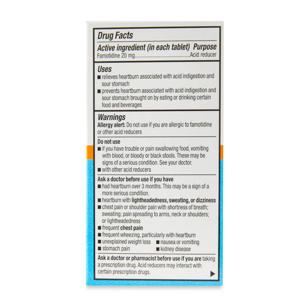 Equate Maximum Strength 20 mg Famotidine Tablets Usage Instructions On Reverse Of Packaging In Front Of White Background